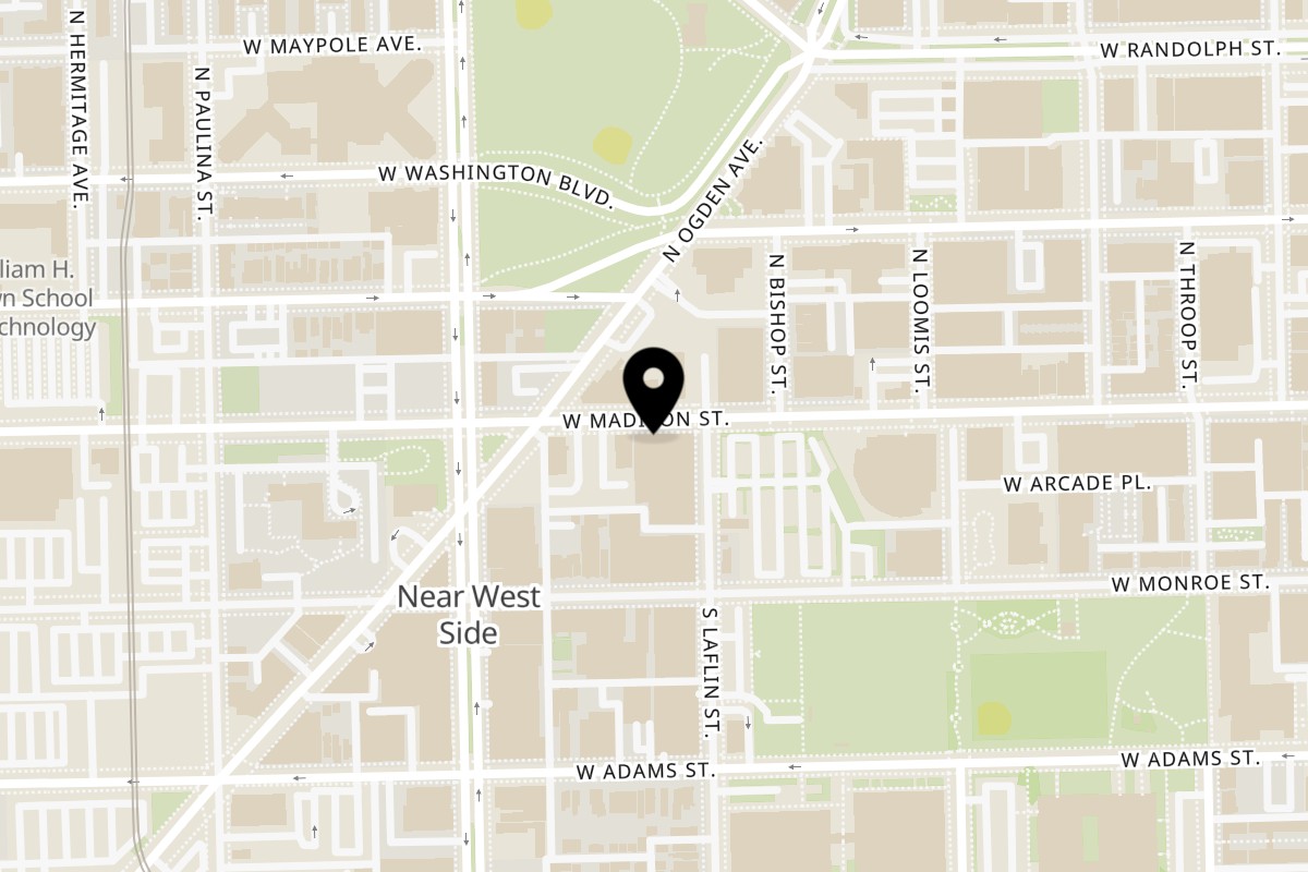 Map showing the location of Harold's Chicken Shack West Loop on 1501 W Madison St in Chicago